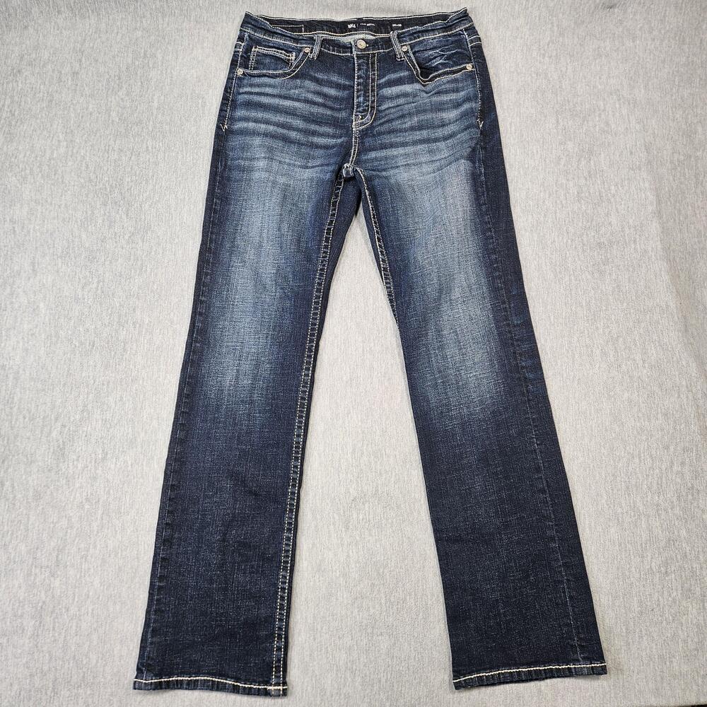 BKE Jeans Mens 36x36 Blue Tyler Bootcut Stretch Denim Whiskers Dark Wash Faded